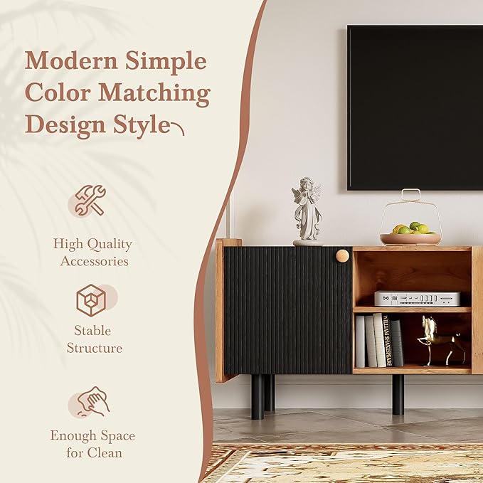 TV Stand for TVs up to 70 Inch TV, Mid Century Modern Entertainment Center with Storage Cabinets and Open Shelf, Media Console with Fluted Panel for Living Room