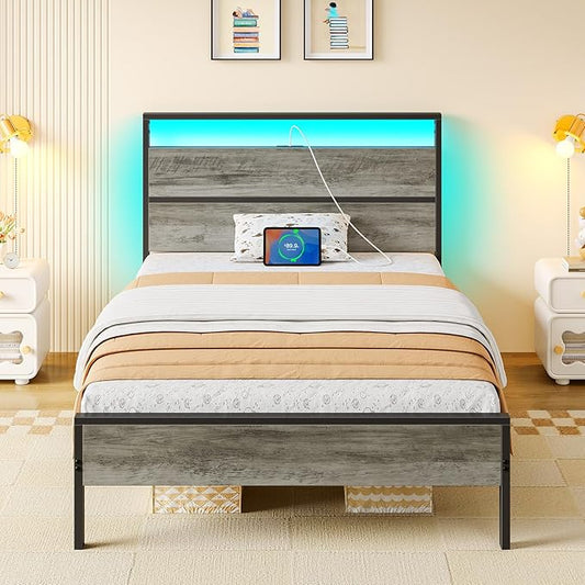 Rolanstar Twin Bed Frames with Headboard, Twin Bed with LED Lights, Camas Twin Size Bed with Charging Station, Solid Metal Slats, Noise Free, No Box Spring Needed, Grey