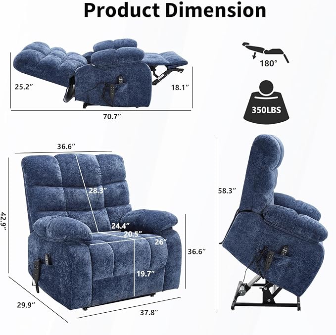 Lay Flat Recliner with Vibration Massage and Lumbar Heating, 26'' Wide Recliner Chair with Infinite Position and 2 Remote Controls, Soft Chenille Lift Recliner for Living Room, Blue