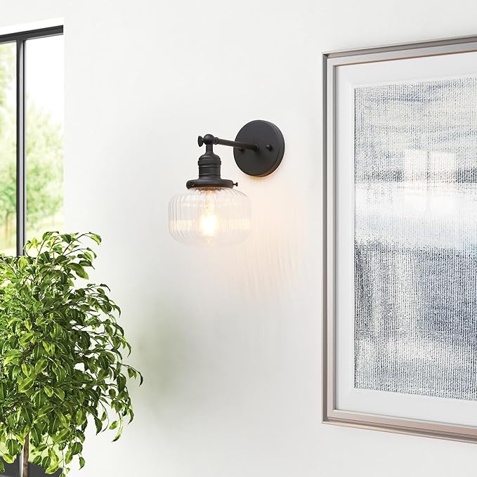 Industrial Vintage Wall Sconce 1-Light with Clear Striped Glass Globe Shade Indoor Wall Mounted Lamp Fixture (Black)
