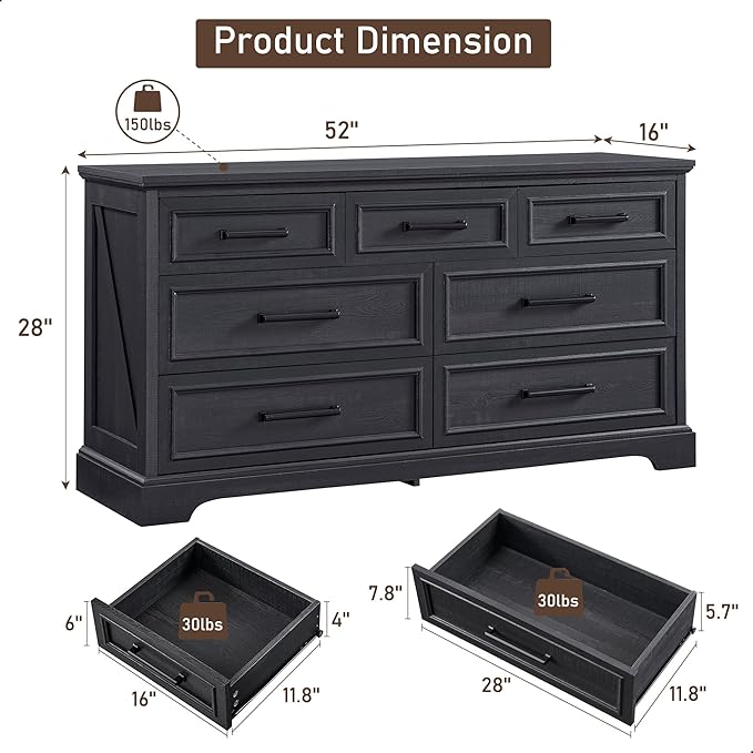 7 Drawer Dresser, Farmhouse Chest of Drawers for Bedroom, 52" Wide Dresser TV Stand with Large Metal Handles, Wood Drawer Organizer for Living Room, Hallway - Black