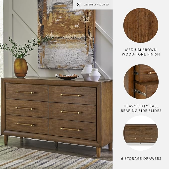 Signature Design by Ashley Lyncott Mid-Century Modern 6-Drawer Dresser with Safety Stop and Felt Lined Top Drawers, Dark Brown