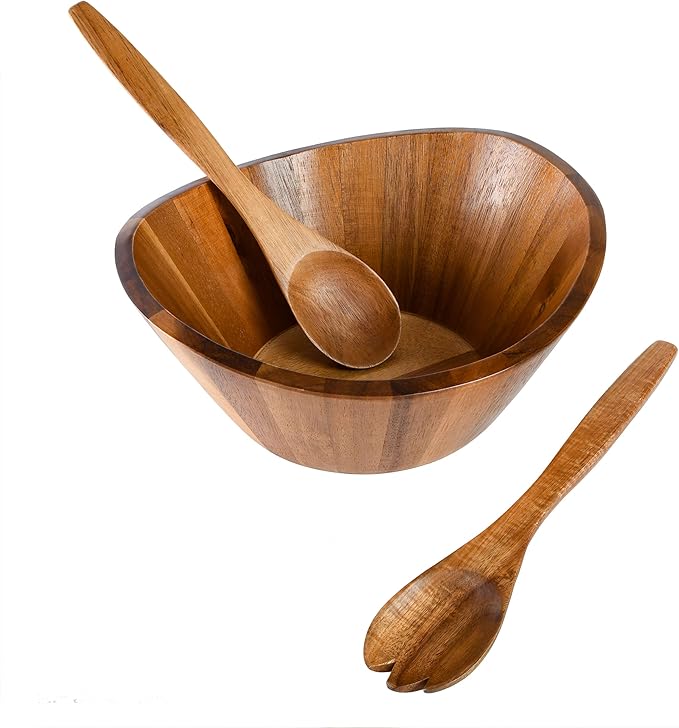 Gibson Home Sherwood 3-Piece Acacia Wood Salad Bowl Set, 32 Quart Large Serving Bowls, Natural Finish, Durable & Eco-Friendly