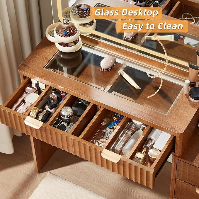 LEYAOYAO Vanity Desk with Mirror and Lights, 43.5'' Fluted Makeup Vanity with 6 Drawers and Adjustable Shelves, Glass Top Make Up Vanity, Girls Wood Dressing Table with Power Outlet for Bedroom