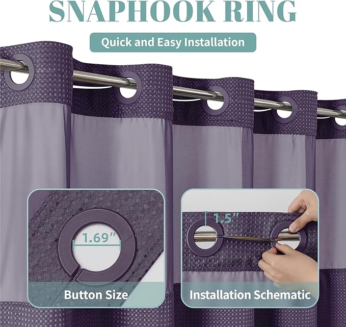 Purple Long No Hook Waffle Weave Shower Curtain with snap-in Liner Replacement, 230GSM Waterproof Fabric Hotel Shower Curtain Set for Bathroom, Through Mesh Top Window,71Wx80H