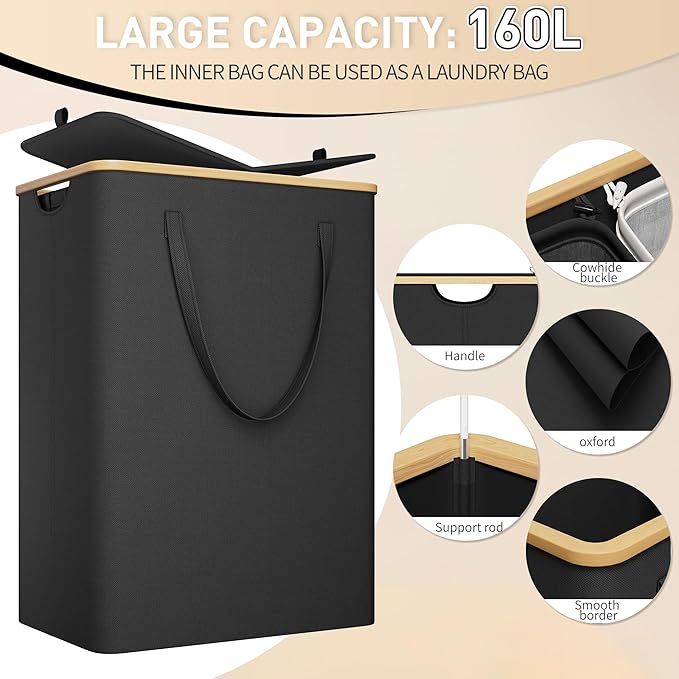 160L Double Laundry Hamper with Lid 2 Section, Large Bamboo Laundry Basket with 2 Removable Bags, Clothes Hampers for Laundry for Bedroom, Bathroom, Dorm, Laundry Room, Black