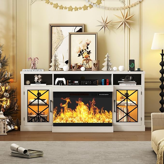 Ludatido 65 Inch FireplaceTV Stand with 3-Sided Glass Insert, Storage Cabinets & Drawers, Fits TVs up to 75", Remote & Touch Control, White Entertainment Center with USB&AC Power Interface, White