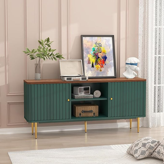 ARTPOWER 55” Fluted TV Stand, Mid Century Modern Green TV Stand for 55/60/65 inch TV, Entertainment Center with Storage, Television Stands, TV Console, Media Console for Living Room, Bedroom (Green)