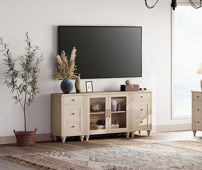 WAMPAT TV Stand for 75 Inch TV, Wood TV Cabinet Entertainment Center with Charging Station, Glass Door Buffet Cabinet for Dining Room, Light Oak