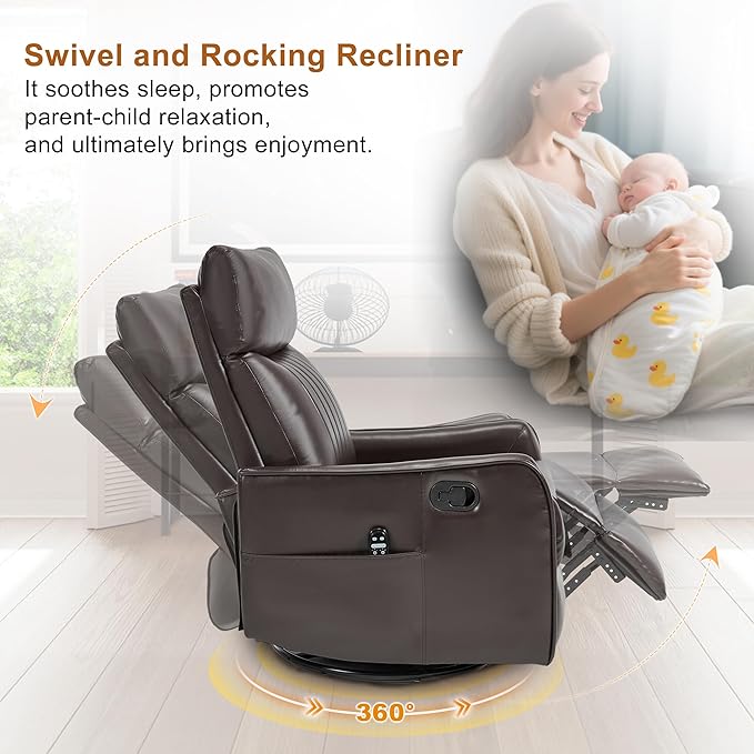 Manual Swivel Rocker Recliner Chair for Adults, Overstuffed Recliner Glider with Massage and Heat, Living Room Reclining Chair, PU Leather Dark Brown