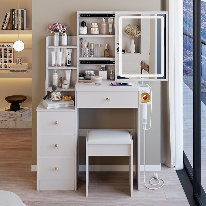 29.2" Small Vanity Desk with Mirror and Lights, Makeup Table with 2 AC+2 USB Power Station, Hair Dryer Bracket, Vanity Set with Drawers and Stool for Small Space Bedroom, White
