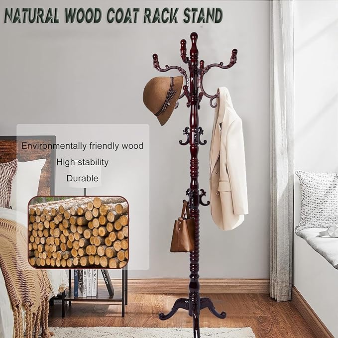 73" Wooden Coat Rack Stand,Coat Racks Freestanding With 14 Hooks And Solid Round Base Heavy Duty Adjustable Height Hall Tree Coat Rack for Entryway Hallway Foyer Office Bedroomf (3-Legged Redwood)