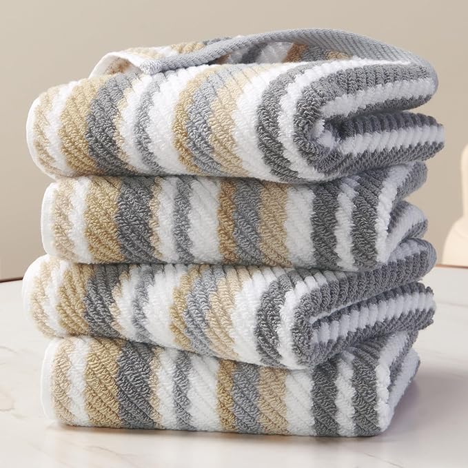 Beige Striped Hand Towels, Bathroom Hand Towels Set of 4, 16"x27" - 100% Cotton | Quick Dry | Absorbent | Light Weight, Soft Towel Set for Showering & Guest, Luxury Towel Gift, Tan and Gray Stripe