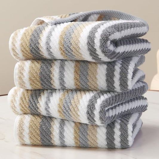 Beige Striped Hand Towels, Bathroom Hand Towels Set of 4, 16"x27" - 100% Cotton | Quick Dry | Absorbent | Light Weight, Soft Towel Set for Showering & Guest, Luxury Towel Gift, Tan and Gray Stripe