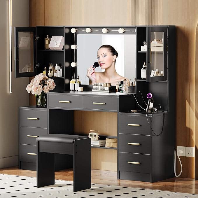 Black Vanity Desk with Mirror, Lights & Charging Station, 58.3" 3 Lighting Modes Makeup Desk with 8 Drawers, 2 Cabinets and Lots Storage, Dressing Table Vanity Set with Lighted Mirror