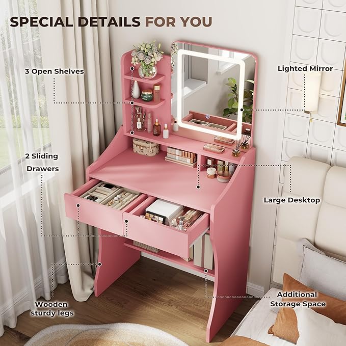 Small Vanity Desk, Makeup Vanity with Mirror and Lights, Vanity Desk with Drawer & 3 Storage Shelves, Pink Makeup Vanity Desk with Lights for Bedroom