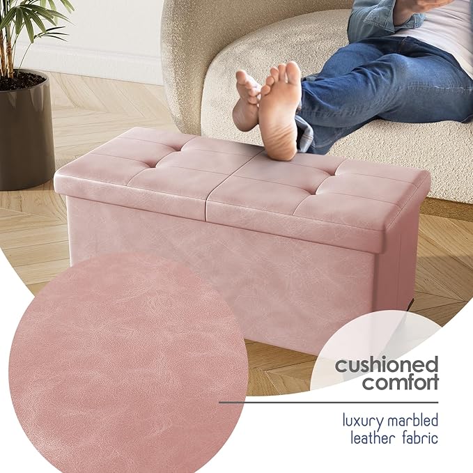 STORAGEBUD Storage Ottoman Bench with Bins, 30-in Storage Bench for Bedroom End of Bed, Folding Foot Rest Ottoman for Living Room Max 660lbs, Faux Leather Ottomans, Pink