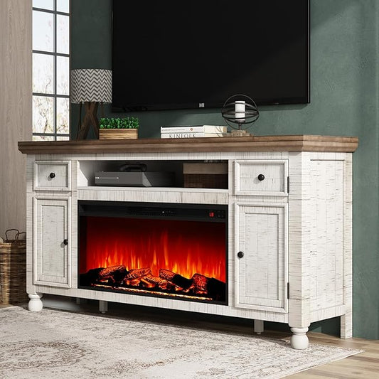 AMERLIFE 70” Fireplace TV Stand for TVs up to 75”, Solid Wood Entertainment Center with 36”Electric Fireplace Insert, Farmhouse Media Console with Storage, Distressed White