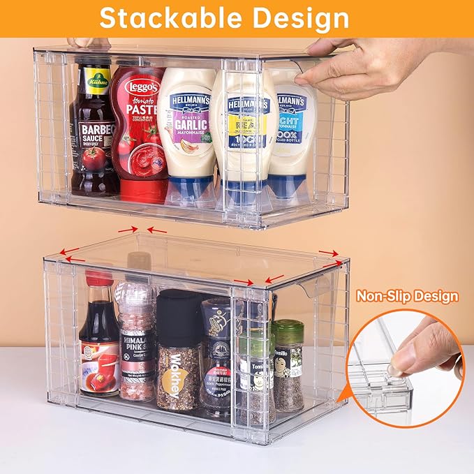 4Pack Large Stackable Storage Drawers,Clear Acrylic Organizers with Handle,Easily Assemble for Kitchen Undersink,Bathroom,Cabinet,Makeup,Closet,Medicine,Pantry Organization Bins