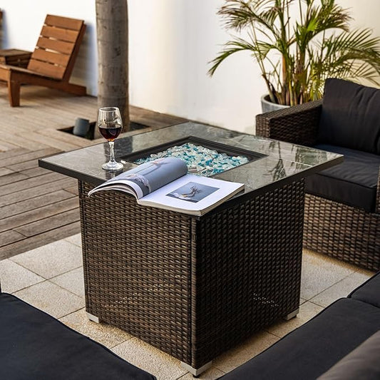30" Propane Gas Fire Pit Table, 50000 BTU Square Fire Pit with Lid & Glass, Tile Tabletop with Beautiful Wicker Base for Outside Patio Deck Garden Courtyard