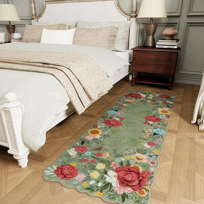 Floral Kitchen Rug 2'x 6' Washable Runner Rugs Non Slip Boho Vintage Low Pile Carpet for Hallway, Entryway, Laundry Room, Bathroom High Traffic Areas Indoor Decor (Green)