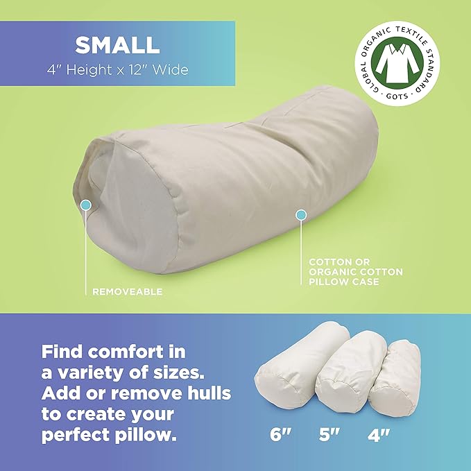 Bean Products WheatDreamz Neck Roll Pillow + Natural Case - 100% Organic Cotton - Filled with Organic Buckwheat - 4" x 12"+case
