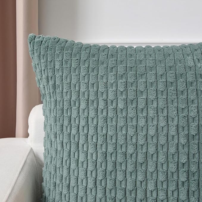 Kevin Textile Decorative Pillow Covers Set of 2 Striped Plush Corduroy Pillows Pillowcases Boho Home Decor Cushion Covers for Couch Sofa Bed Living Room 16x16 Inch, Teal Green