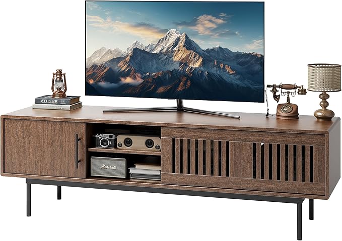 Claiks Mid Century Modern TV Stand for TV up to 70 inch, Entertainment Center with Sliding Barn Doors & Adjustable Shelve, Retro Low Profile Media Console TV Table for Living Room, Walnut