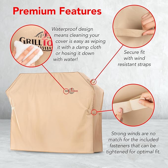 GrillTough Heavy Duty BBQ Grill Cover for Outdoor Grill, 58 Inch – Waterproof, Weather Resistant, UV & Fade Resistant with Adjustable Straps – Gas Grill Cover for Weber, Genesis, Charbroil, etc. Tan