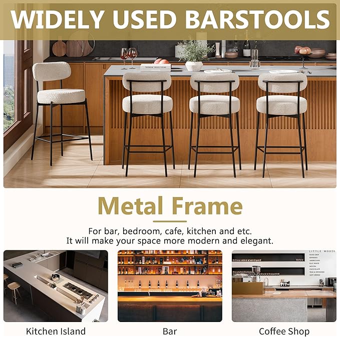 DYHOME Bar Stools Set of 3, 24 Inches Modern Counter Height Bar Stools with Curved Back Metal Legs, Grey Upholstered Boucle Barstools for Kitchen Island, Cafe