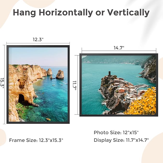 12x15 Metal Picture Frame - Black Aluminum Picture Frames with Real Glass, Wall Mounting Horizontally or Vertically, Diploma, Certificates for Wall Gallery Poster Photo 15x12 Frame, Black