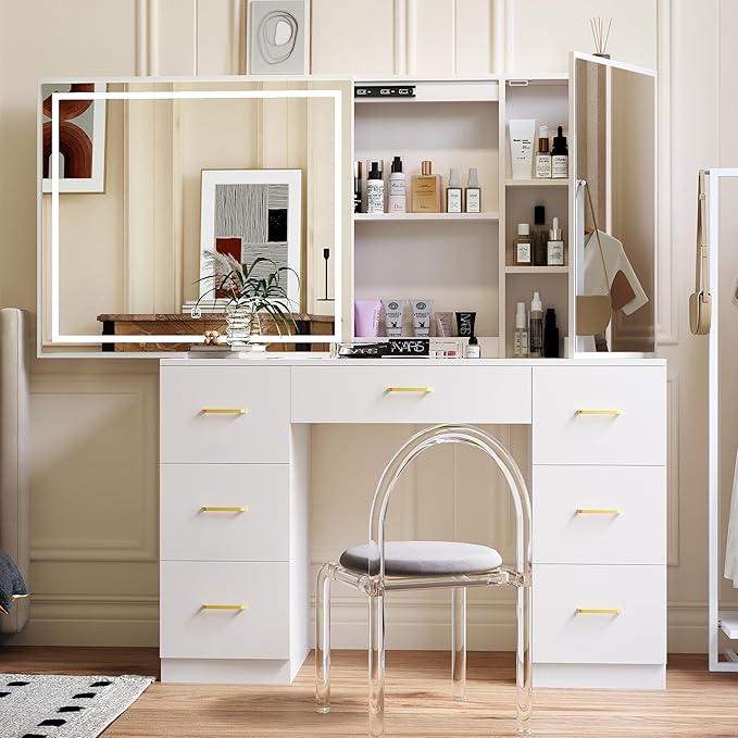 Glass Top Vanity Desk with Large Mirror and LED Lights,White Vanity with 2 Hidden Storage Mirror Cabinets,Dressing Table with Power Outlet&7 Drawers for Women/Girls,Makeup Organizer Countertop