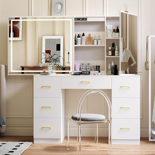 Glass Top Vanity Desk with Large Mirror and LED Lights,White Vanity with 2 Hidden Storage Mirror Cabinets,Dressing Table with Power Outlet&7 Drawers for Women/Girls,Makeup Organizer Countertop
