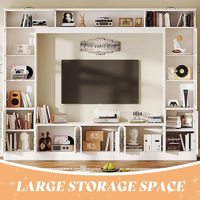 AMERLIFE 98" W Wall Unit TV Stand with Storage for TVs up to 80", Modern TV Console with LED Lights, Entertainment Center with Bookshelves for Living Room, White