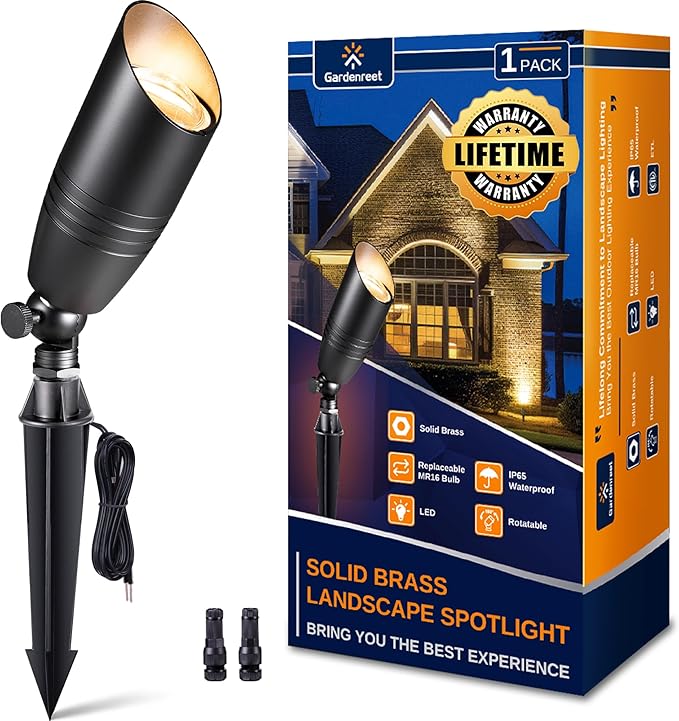 Landscape Spotlights Low Voltage - Brass 12V Outdoor Uplight LED, Wired Spot Lights IP65 Waterproof, Bright Metal Black for Exterior Garden Yard Tree House Without MR16 Bulb