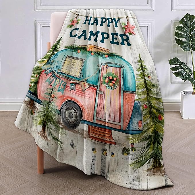 Camper Flannel Blanket, Camp Gifts, Camping-Themed Blanket for Women, Soft Lightweight Throw Blankets for Bed Home Travel Decor 50" x 60"