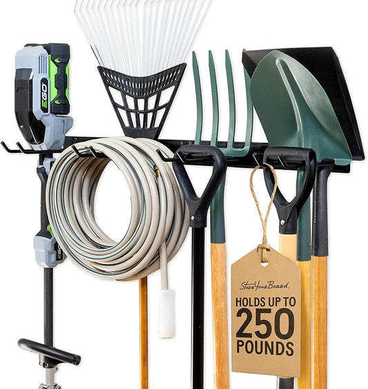 StoreYourBoard Wall-Mounted Rack With 4 Garage Hooks – Heavy-Duty Steel Holder Garage & Garden Storage for Shed, Workshop, or Home Organization – For Rakes, Shovels, Tools & More – 1 Pack, Black