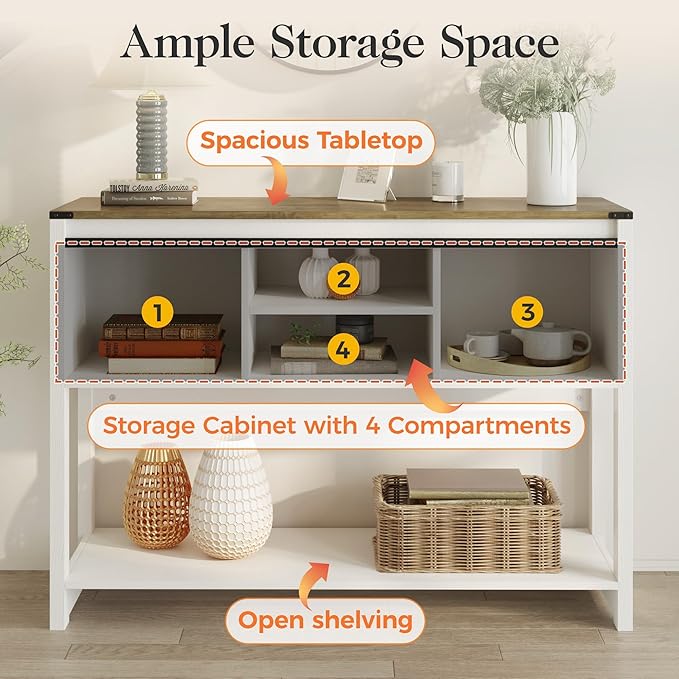 Console Table with Storage Shelf & Sliding Barn Door, Farmhouse Entryway Table with Storage, 46" Narrow Long Sofa, Behind Couch, Console Tables for Living Room, White and Rustic Oak