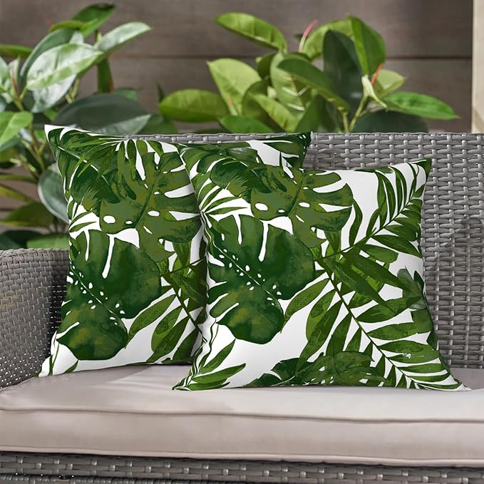 LVTXIII Outdoor Throw Pillow Covers 16 x 16 Inch, Covers ONLY Modern Cute Pattern Decorative Square Toss Pillow Case Pack of 2 for Home Patio Garden Sofa Bed Furniture, Palm Green