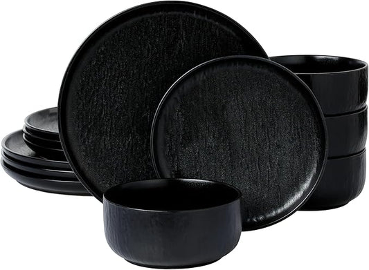 “Ari" 12-piece Stoneware Dinnerware Set with Protective Glaze Finish, Service for 4, Matt Black