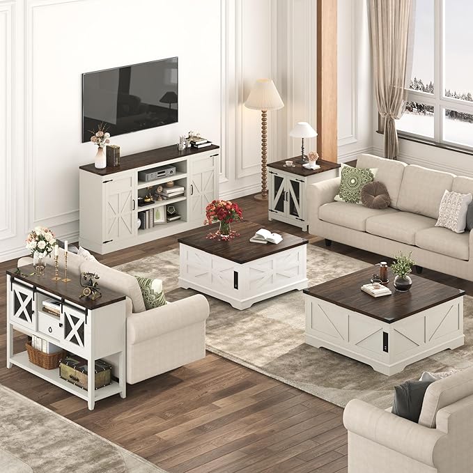 40” Large Farmhouse Lift Top Coffee Table with Power Outlets and Large Hidden Storage, Square Wood Living Room Tables, Multi-Function Lift Wooden Barn Door Center Table, Rustic White