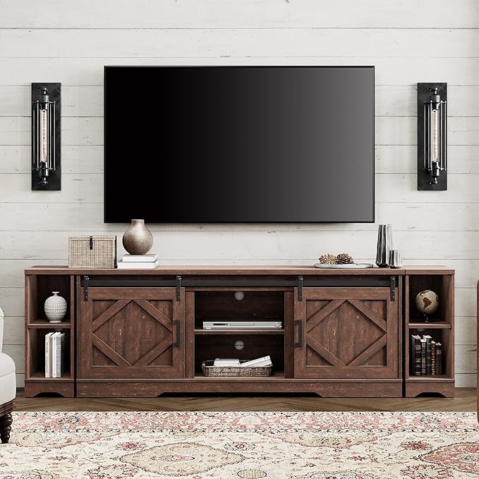 WAMPAT Modern Farmhouse TV Stand for up to 95" TVs,3-in-1 Wood Entertainment Center with Sliding Barn Door and Adjustable Media Storage Shelf for Living Room,Rustic Brown