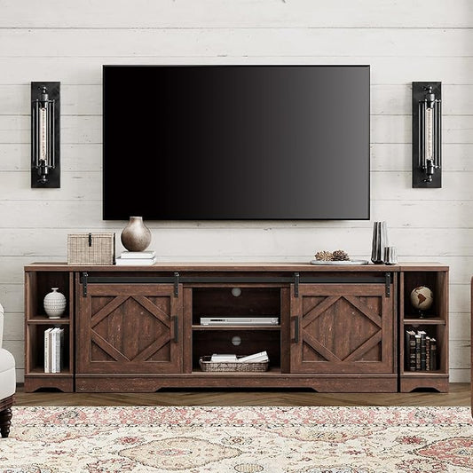 WAMPAT Modern Farmhouse TV Stand for up to 95" TVs,3-in-1 Wood Entertainment Center with Sliding Barn Door and Adjustable Media Storage Shelf for Living Room,Rustic Brown