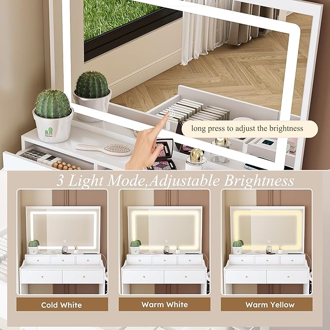 White Vanity Desk with Large Full Size Led Lighted Mirror, 31" Makeup Vanity Table with 5 Storage Drawers, Power Outlet & Hair Dryer Holder, Modern Small Dressing Table for Small Space,Dorm, Bedroom
