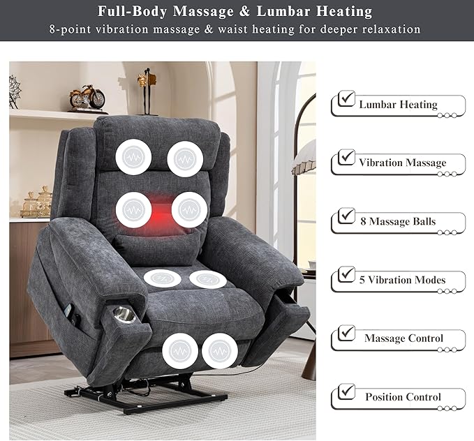 Big Man Power Lift Recliner for Elderly Adults 28 Inch Wide Seat, Lay Flat Lift Chair with Heat Massage, Cup Holder & Wireless Phone Charger, USB Type C Charging, Big Tall 400 lbs
