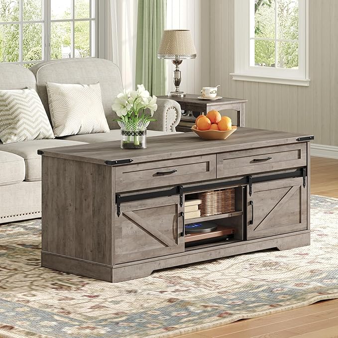 47" Farmhouse Coffee Table with Storage and 2 Drawers, Large Rustic Center Table with Sliding Barn Doors & Open Compartments, Wooden Coffee Table for Living Room, Greige