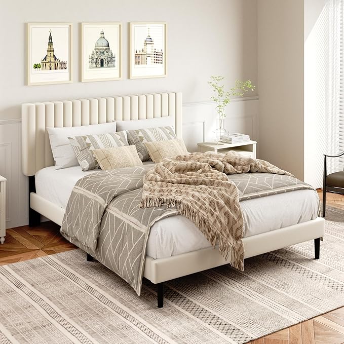 Full Size Platform Bed Frame with Velvet Upholstered Headboard, Full Bed Frame with Strong Wood Slats, Mattress Foundation, Box Spring Optional, Easy Assembly, Beige