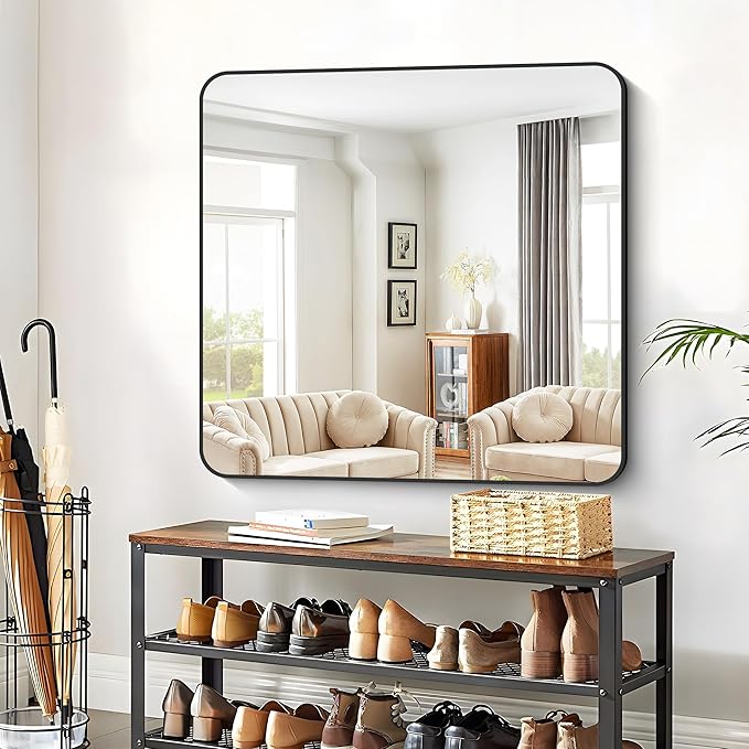 Bathroom Mirror, 42x42 inch Black Square Wall Mirror, Rounded Corner Aluminum Metal Frame Vanity Mirror, Large Wall Mounted Mirrors for Over Sink Bedroom Living Room Entryway