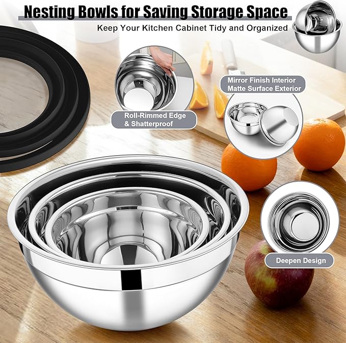 E-far Mixing Bowls with Lids and Graters, Stainless Steel Salad Mixing Bowl with Transparent Lid Set of 3, Metal Nesting Salad Storage for Kitchen Prepping/Serving/Baking, 4.6/2.6/1.5QT - Black
