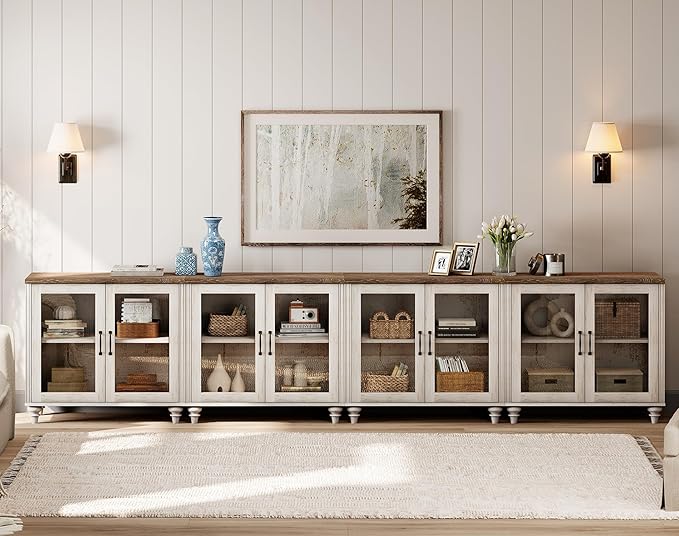 WAMPAT Farmhouse TV Stand for 100 Inch TV, Glass Door Universal TV Stand with 4 Storage Cabinets, Entertainment Center for 75/80/85/90 Inch TV, Console Table for Living Room, Bedroom, Rustic White